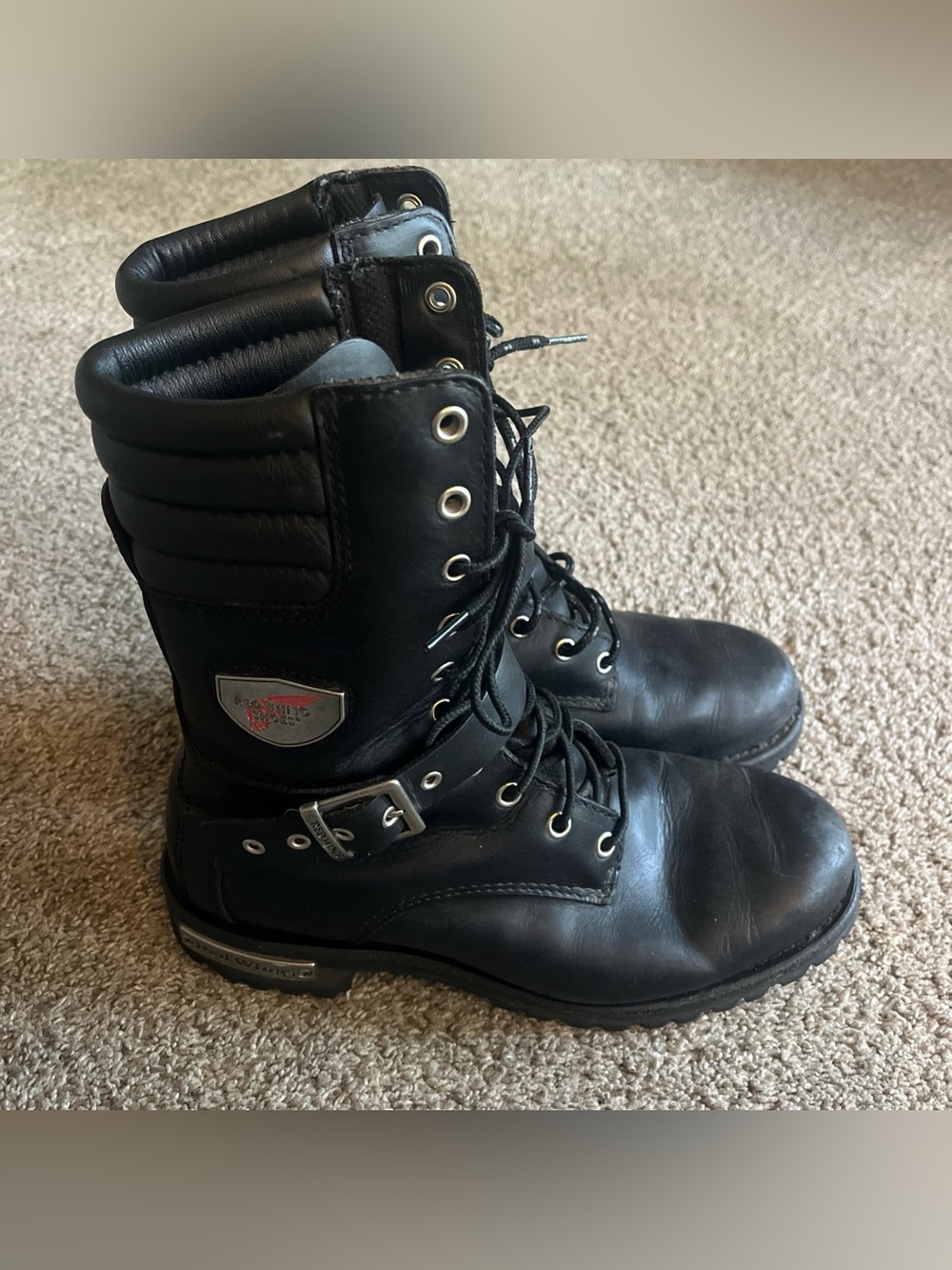 Red Wings Black Leather Mid-Calf Combat Motorcycle Boots Water Resistant Women 9